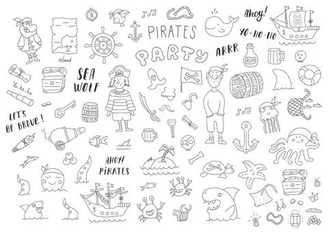 Cute Pirate elements collection. Cartoon sea adventures items set. Vector ill Stock Illustration