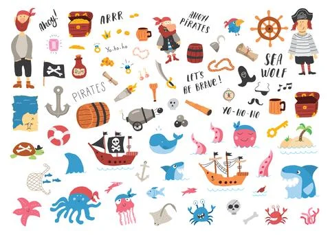 Cute Pirate elements collection. Cartoon sea adventures items set. Vector i.. Stock Illustration