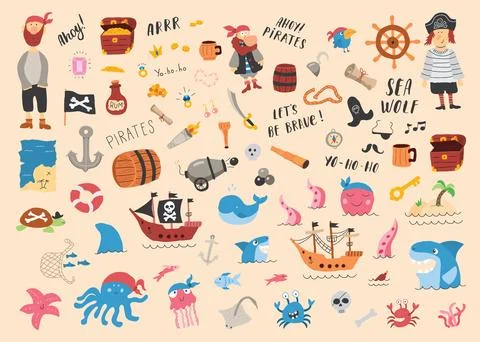 Cute Pirate elements collection. Cartoon sea adventures items set. Vector i.. Stock Illustration