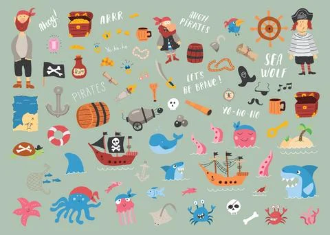 Cute Pirate elements collection. Cartoon sea adventures items set. Vector i.. Stock Illustration