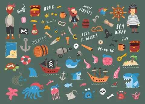Cute Pirate elements collection. Cartoon sea adventures items set. Vector i.. Stock Illustration