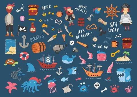 Cute Pirate elements collection. Cartoon sea adventures items set. Vector i.. Stock Illustration