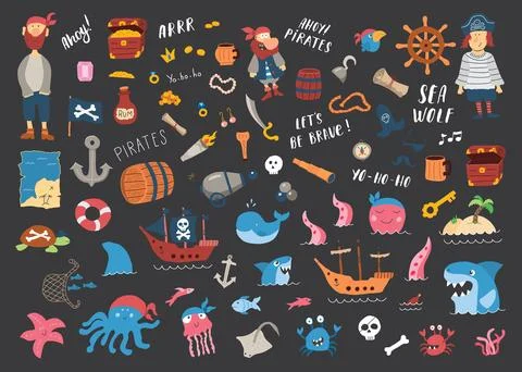 Cute Pirate elements collection. Cartoon sea adventures items set. Vector i.. Stock Illustration