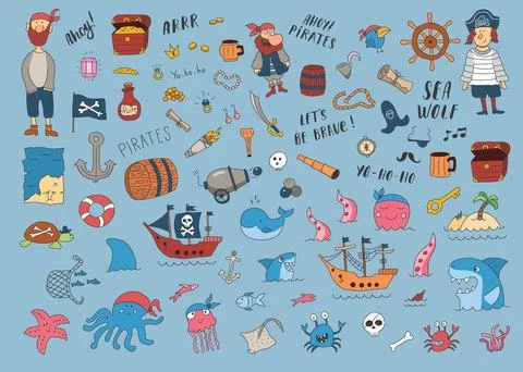 Cute Pirate elements collection. Cartoon sea adventures items set. Vector i.. Stock Illustration