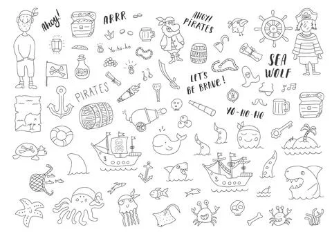 Cute Pirate elements collection. Cartoon sea adventures items set. Vector ill Stock Illustration