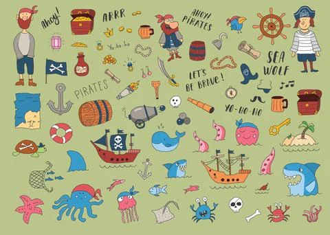 Cute Pirate elements collection. Cartoon sea adventures items set. Vector i.. Stock Illustration
