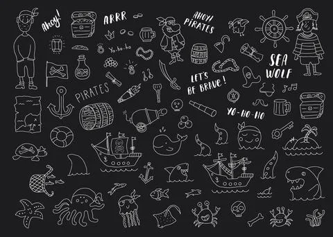 Cute Pirate elements collection. Cartoon sea adventures items set. Vector ill Stock Illustration