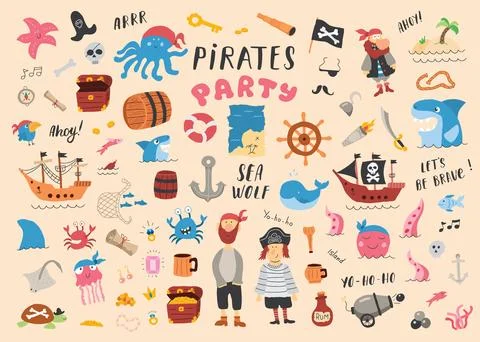Cute Pirate elements collection. Cartoon sea adventures items set. Vector i.. 스톡 일러스트