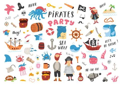 Cute Pirate elements collection. Cartoon sea adventures items set. Vector i.. Stock Illustration