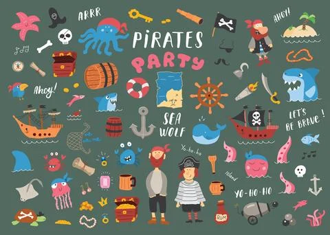 Cute Pirate elements collection. Cartoon sea adventures items set. Vector i.. Stock Illustration