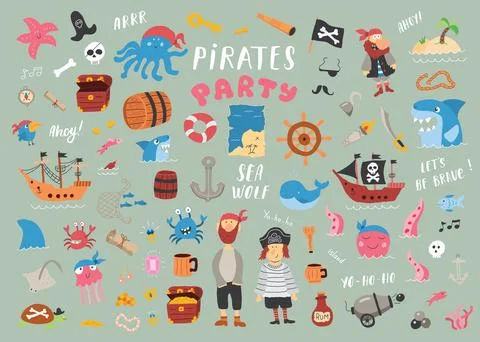 Cute Pirate elements collection. Cartoon sea adventures items set. Vector i.. Stockillustratie