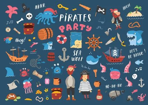 Cute Pirate elements collection. Cartoon sea adventures items set. Vector i.. Stock Illustration
