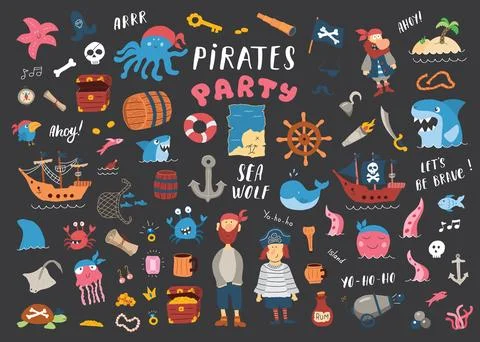 Cute Pirate elements collection. Cartoon sea adventures items set. Vector i.. Stock Illustration