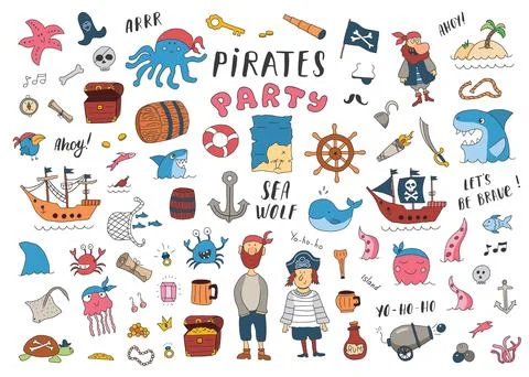 Cute Pirate elements collection. Cartoon sea adventures items set. Vector i.. Stock Illustration