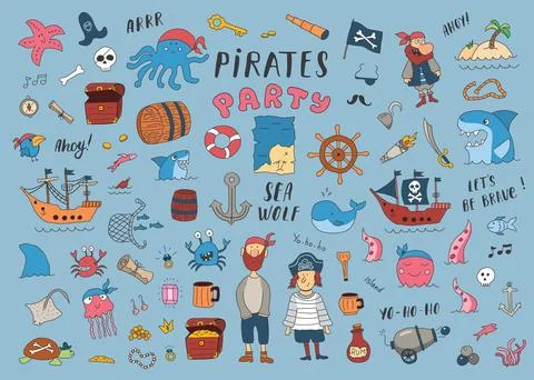 Cute Pirate elements collection. Cartoon sea adventures items set. Vector i.. Stock Illustration