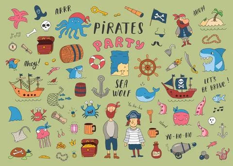 Cute Pirate elements collection. Cartoon sea adventures items set. Vector i.. Stock Illustration