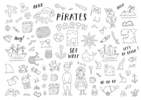 Cute Pirate elements collection. Cartoon sea adventures items set. Vector ill Stock Illustration