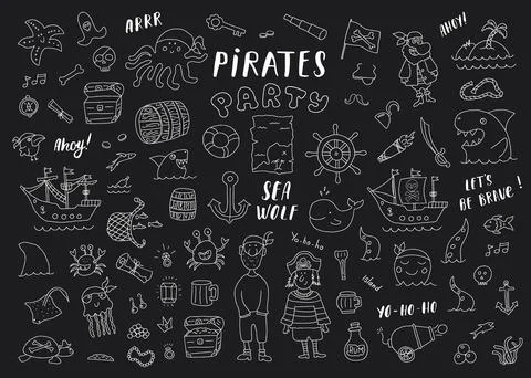 Cute Pirate elements collection. Cartoon sea adventures items set. Vector ill Stock Illustration