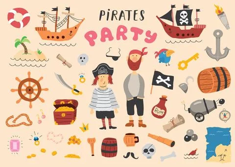 Cute Pirate elements collection. Cartoon sea adventures items set. Vector i.. Stock Illustration