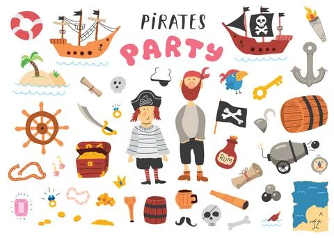 Cute Pirate elements collection. Cartoon sea adventures items set. Vector i.. Stock Illustration