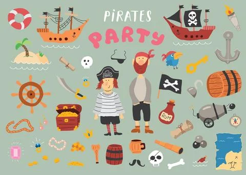 Cute Pirate elements collection. Cartoon sea adventures items set. Vector i.. Stock Illustration