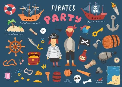 Cute Pirate elements collection. Cartoon sea adventures items set. Vector i.. Stock Illustration
