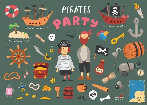 Cute Pirate elements collection. Cartoon sea adventures items set. Vector i.. Stock Illustration