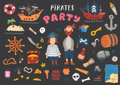 Cute Pirate elements collection. Cartoon sea adventures items set. Vector i.. Stock Illustration
