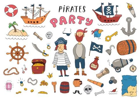 Cute Pirate elements collection. Cartoon sea adventures items set. Vector i.. Stock Illustration