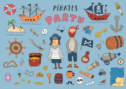 Cute Pirate elements collection. Cartoon sea adventures items set. Vector i.. Stock Illustration