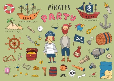 Cute Pirate elements collection. Cartoon sea adventures items set. Vector i.. Stock Illustration