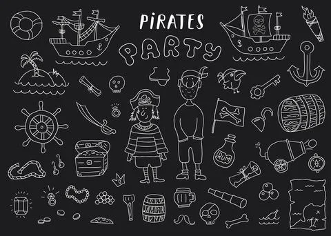 Cute Pirate elements collection. Cartoon sea adventures items set. Vector ill Stock Illustration