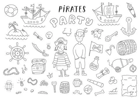 Cute Pirate elements collection. Cartoon sea adventures items set. Vector ill Stock Illustration
