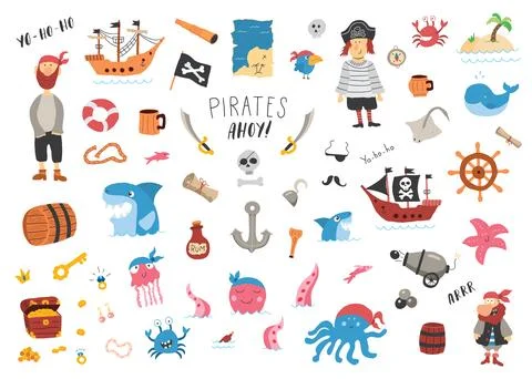 Cute Pirate elements collection. Cartoon sea adventures items set. Vector i.. Stock Illustration