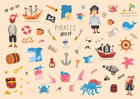 Cute Pirate elements collection. Cartoon sea adventures items set. Vector i.. Stock Illustration