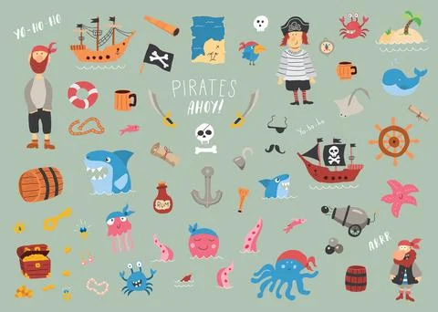Cute Pirate elements collection. Cartoon sea adventures items set. Vector i.. Stock Illustration