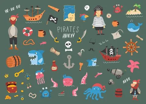 Cute Pirate elements collection. Cartoon sea adventures items set. Vector i.. Stock Illustration