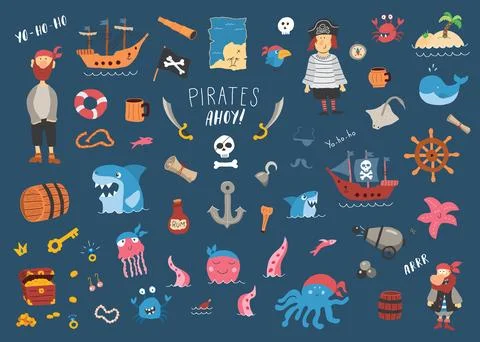 Cute Pirate elements collection. Cartoon sea adventures items set. Vector i.. Stock Illustration