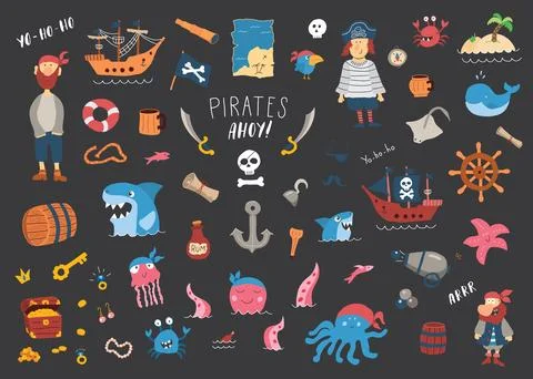 Cute Pirate elements collection. Cartoon sea adventures items set. Vector i.. Stock Illustration