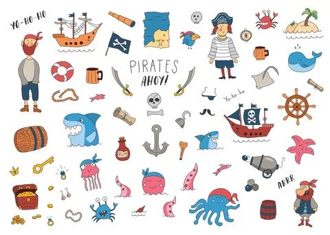 Cute Pirate elements collection. Cartoon sea adventures items set. Vector i.. Stock Illustration