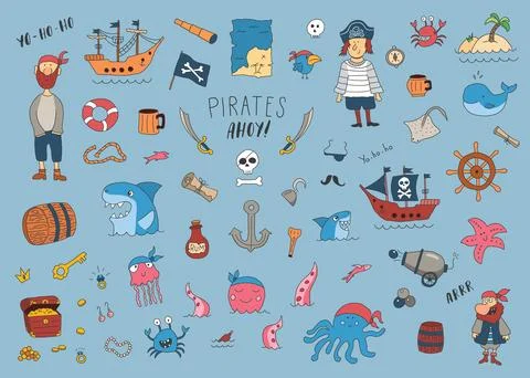 Cute Pirate elements collection. Cartoon sea adventures items set. Vector i.. Stock Illustration