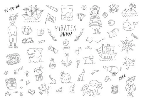 Cute Pirate elements collection. Cartoon sea adventures items set. Vector ill Stock Illustration