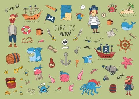 Cute Pirate elements collection. Cartoon sea adventures items set. Vector i.. Stock Illustration