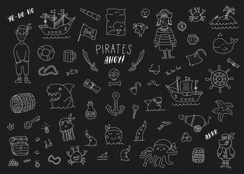 Cute Pirate elements collection. Cartoon sea adventures items set. Vector ill Stock Illustration
