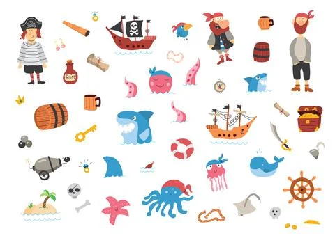 Cute Pirate elements collection. Cartoon sea adventures items set. Vector i.. Stock Illustration