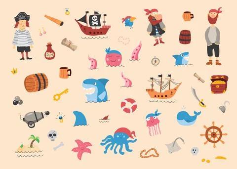 Cute Pirate elements collection. Cartoon sea adventures items set. Vector i.. Stock Illustration