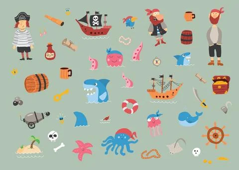 Cute Pirate elements collection. Cartoon sea adventures items set. Vector i.. Stock Illustration