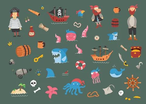 Cute Pirate elements collection. Cartoon sea adventures items set. Vector i.. 스톡 일러스트