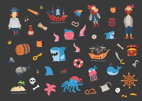 Cute Pirate elements collection. Cartoon sea adventures items set. Vector i.. Stock Illustration