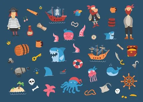 Cute Pirate elements collection. Cartoon sea adventures items set. Vector i.. Stock Illustration